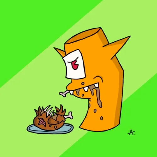 Colorful cartoon character surrounded by vibrant and lively animated vegan food items