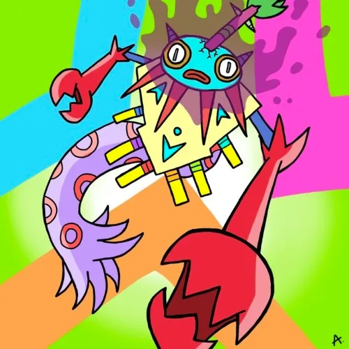 Colorful voodoo character surrounded by mystical vibrant magical energy and totems
