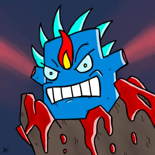 Furious blue cube character erupting with volcanic rage and intense fiery energy