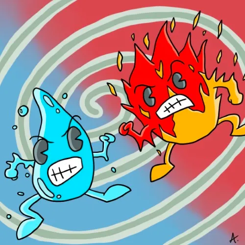 Epic clash between water and fire elemental characters in vivid bold colors