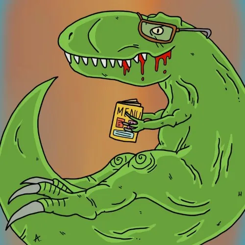 Hungry cartoon character eagerly wondering what colorful meal awaits for lunch