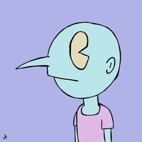 Surreal wide-eyed cartoon character pondering dreamlike visions with an unblinking stare