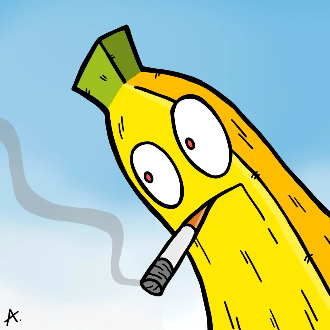 Cartoon illustration of an unhealthy banana character looking sickly with brown spots and droopy eyes