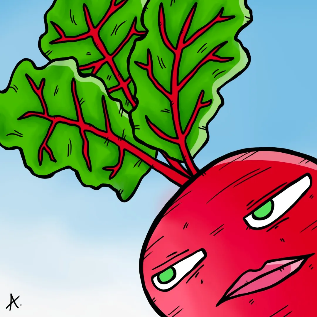 Cartoon illustration of an upset beetroot character with a frustrated teary-eyed expression