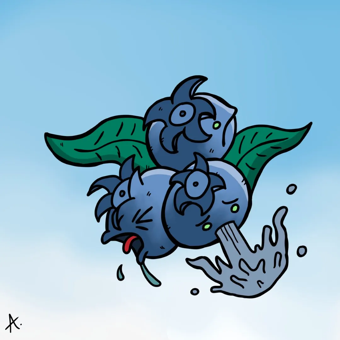 Cartoon illustration of a group of nauseous blueberry characters looking queasy and unwell