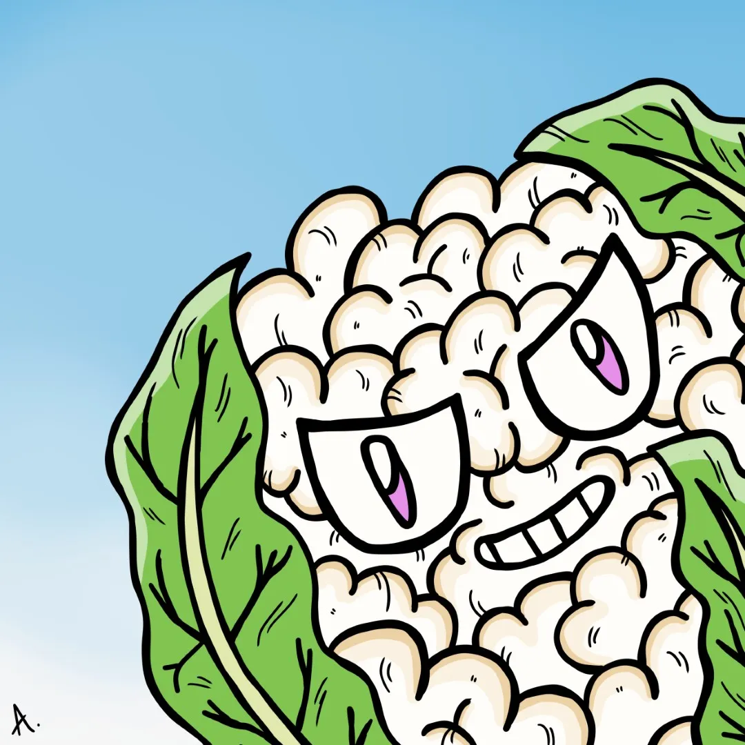 Cartoon illustration of a mysterious cauliflower character shrouded in an enigmatic aura