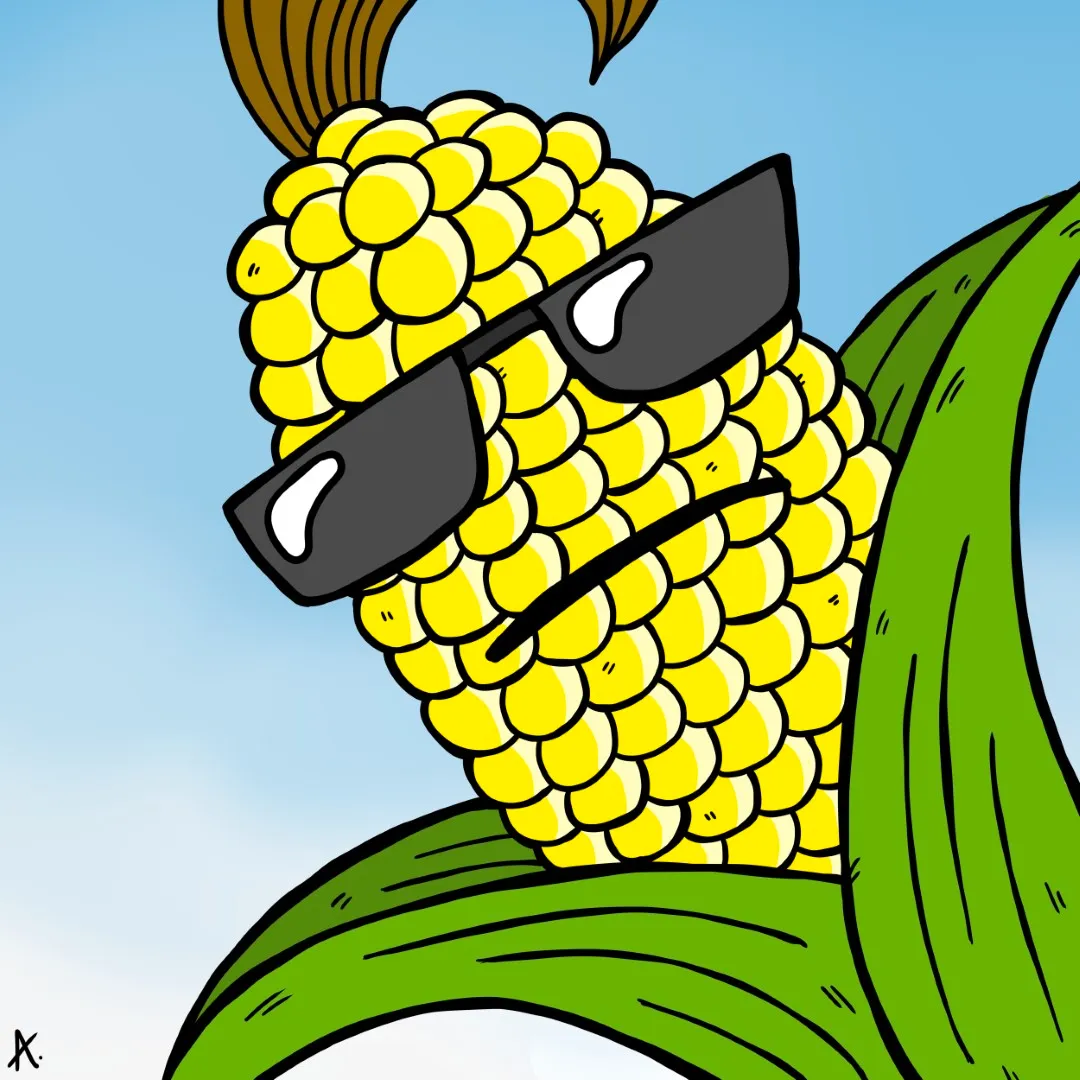 Cartoon illustration of a cool corn character wearing sunglasses with a laid-back confident attitude