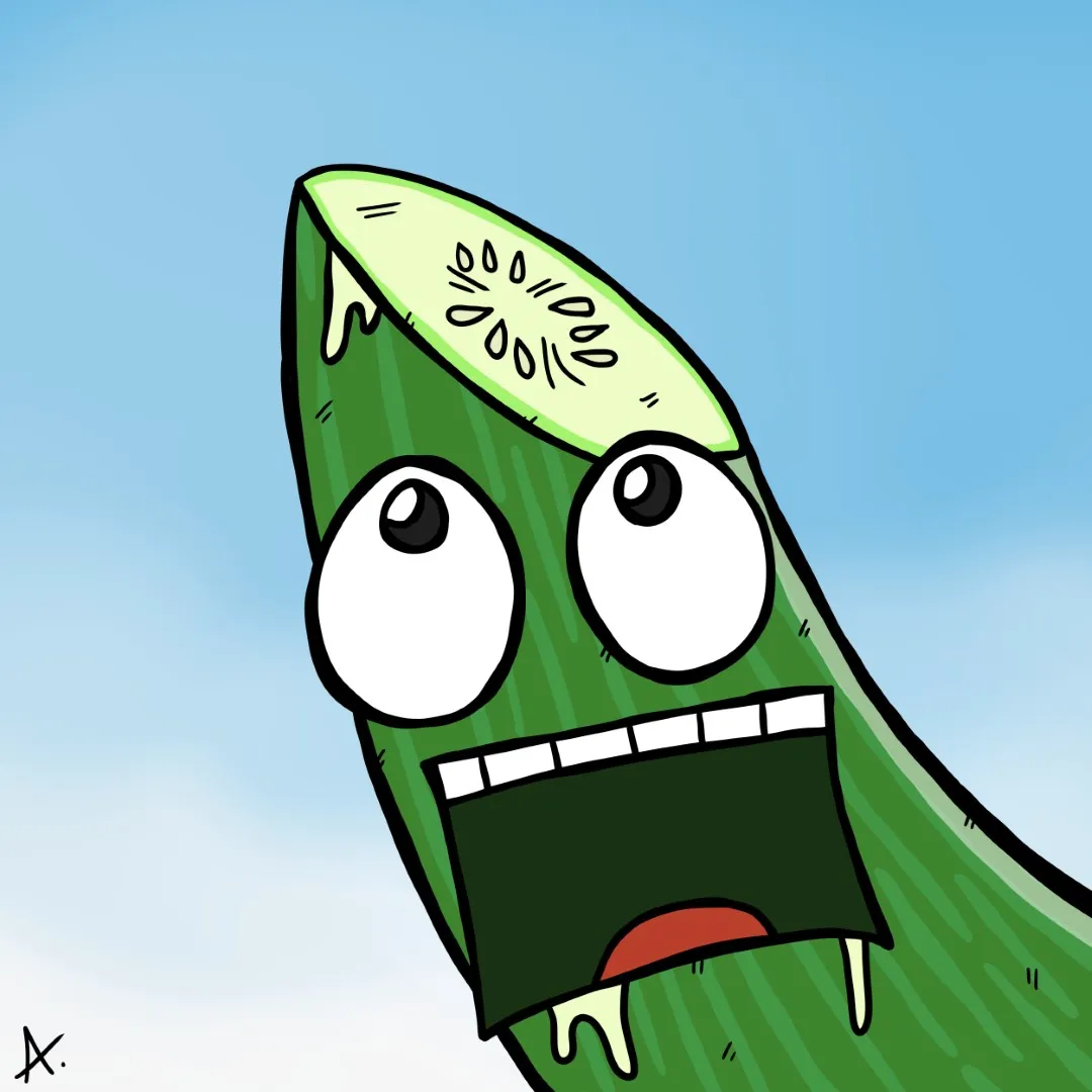 Cartoon illustration of a terrified cucumber character trembling with fear and chattering teeth