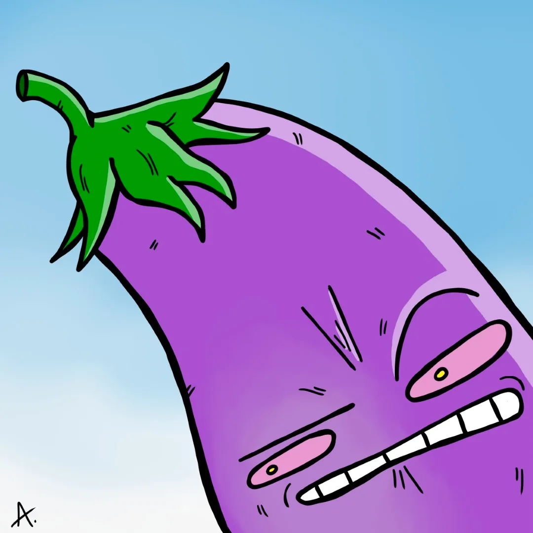 Cartoon illustration of a disgusted eggplant character with a revolted grimace and squinted eyes