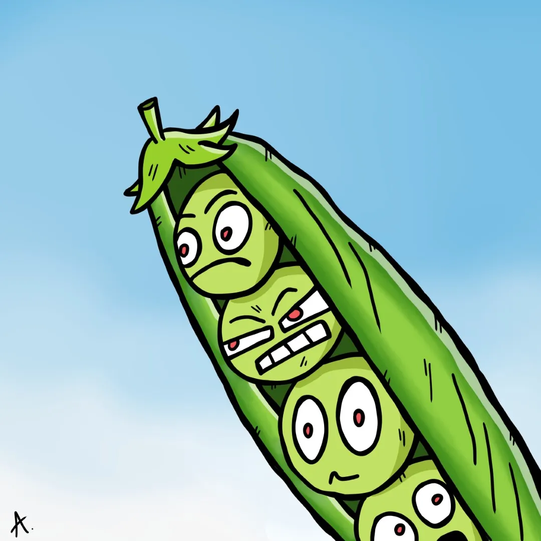 Cartoon illustration of awkward green pea characters huddled together with nervous expressions
