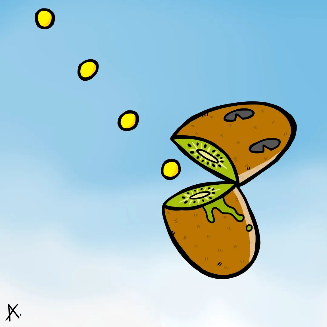 Cartoon illustration of a hungry kiwi character eagerly eyeing food with a wide open mouth