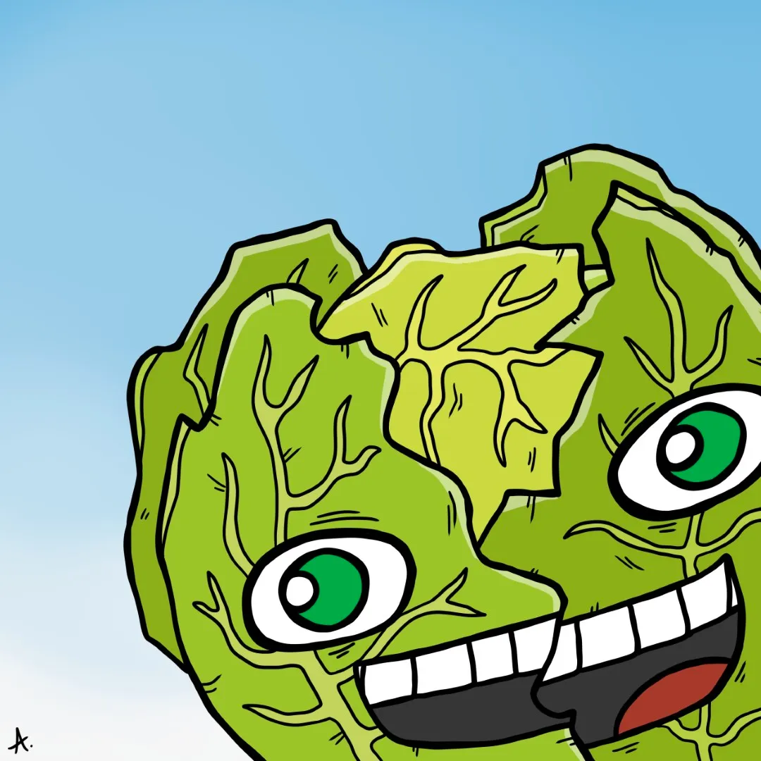 Cartoon illustration of a friendly lettuce character waving with a bright cheerful smile