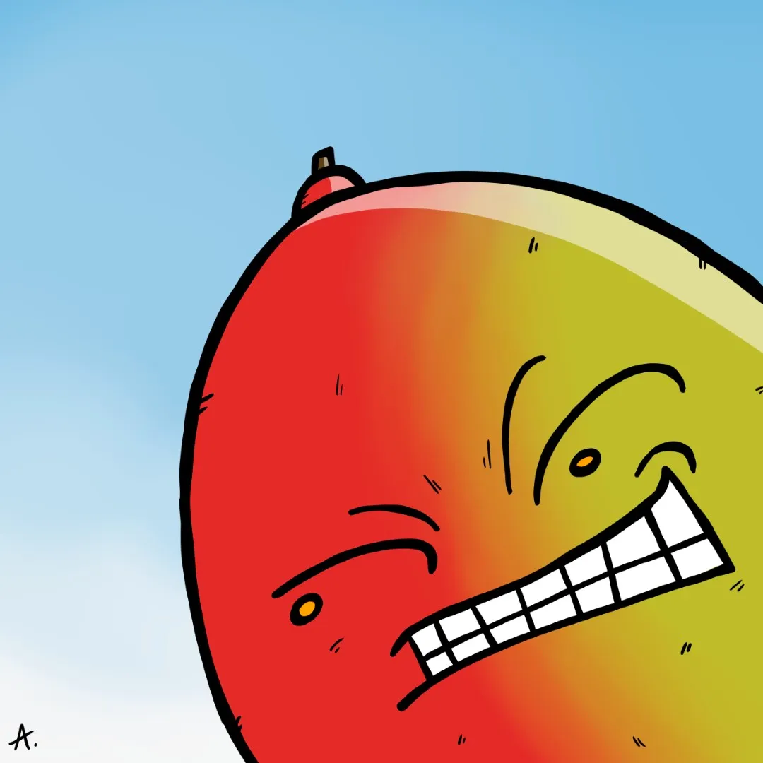 Cartoon illustration of a confident mango character standing tall with a bold self-assured grin