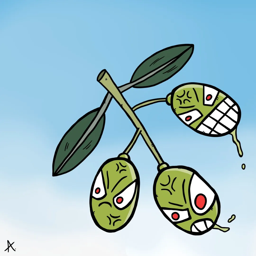 Cartoon illustration of mean olive characters with menacing scowls and crossed arms