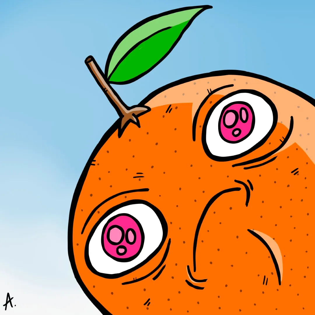Cartoon illustration of a worried orange character nervously biting its lip with wide anxious eyes