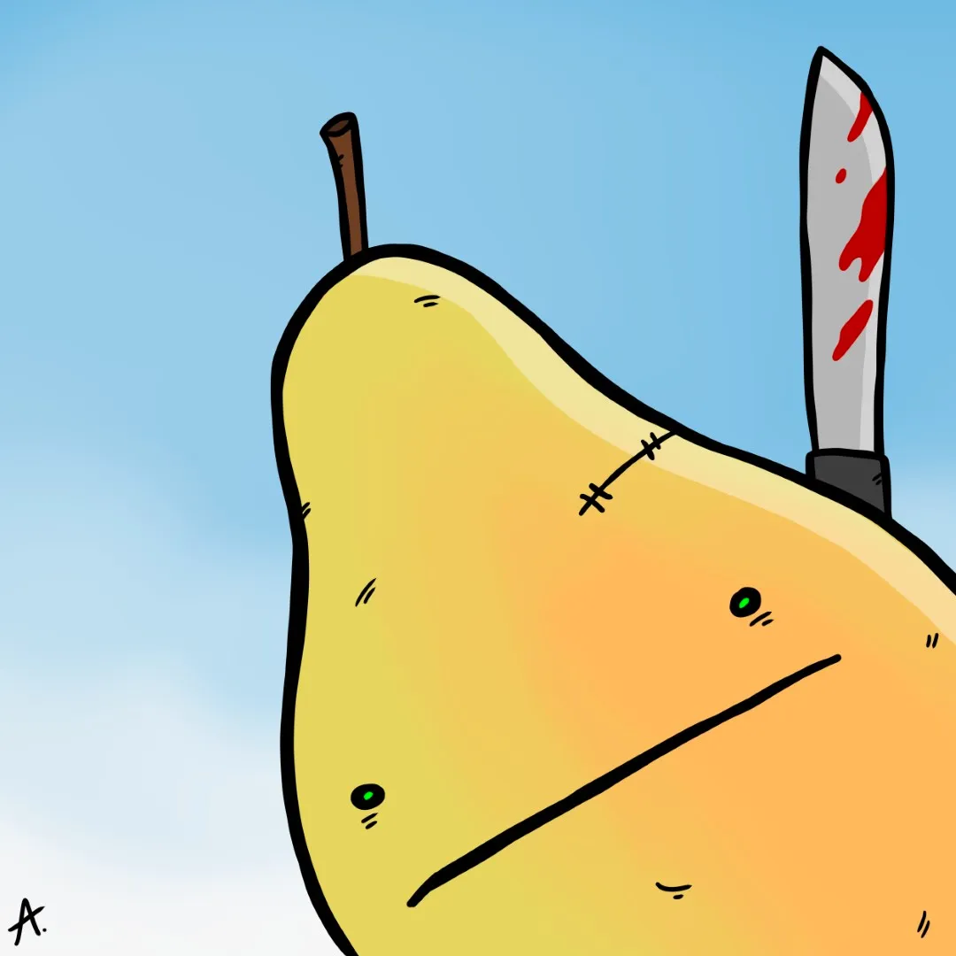 Cartoon illustration of a creepy pear character with an unsettling eerie grin in the shadows
