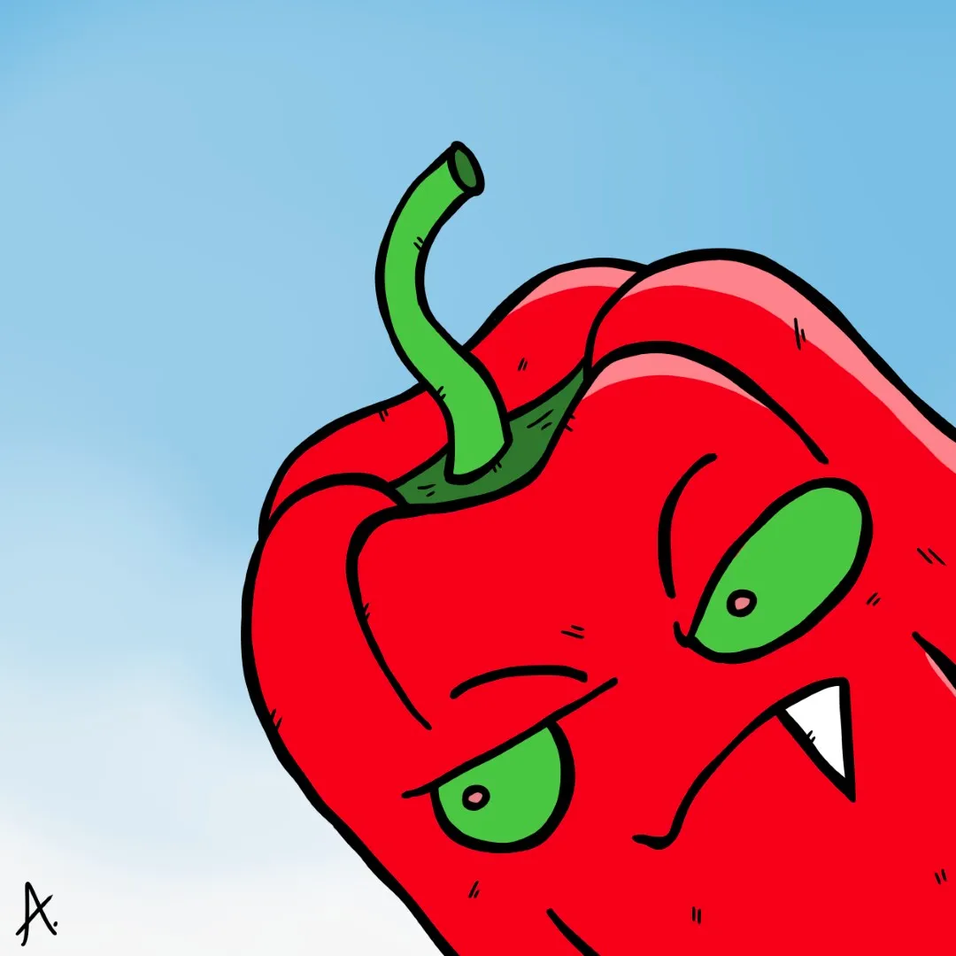 Cartoon illustration of a grumpy pepper character scowling with folded arms and furrowed brow