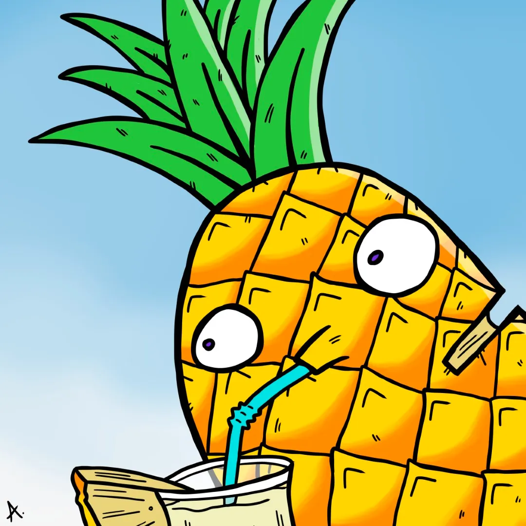 Cartoon illustration of a tipsy pineapple character holding a cocktail with rosy flushed cheeks