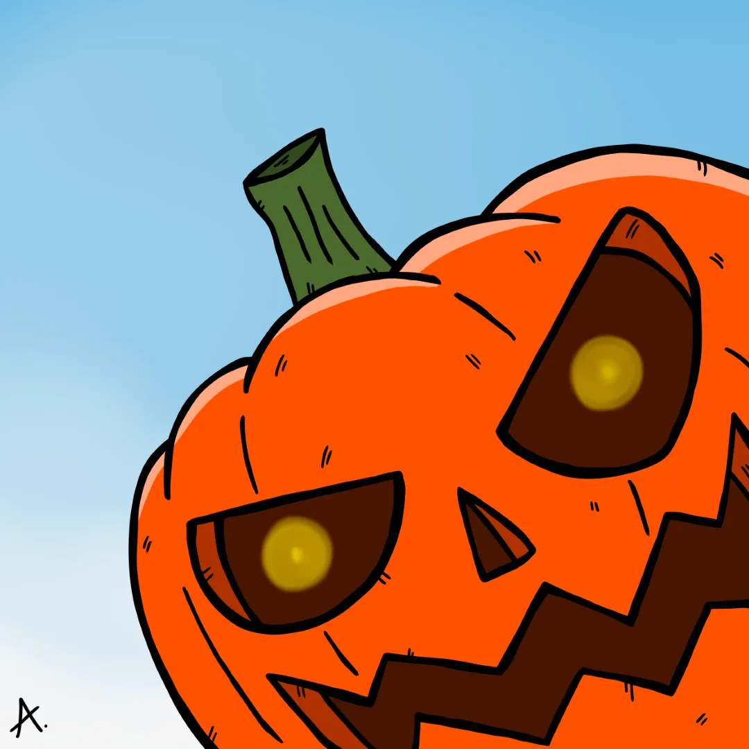 Cartoon illustration of a scary pumpkin character with a menacing carved face and glowing eyes