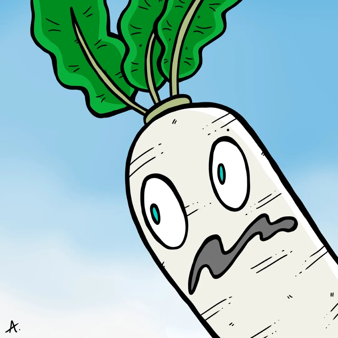 Cartoon illustration of a panicking radish character with wide frightened eyes and flailing arms