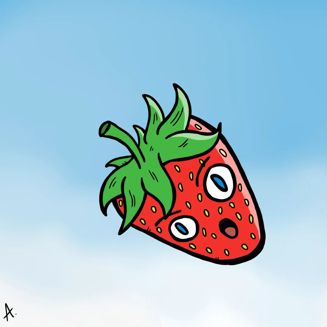 Cartoon illustration of a shocked strawberry character with wide eyes and a dropped jaw