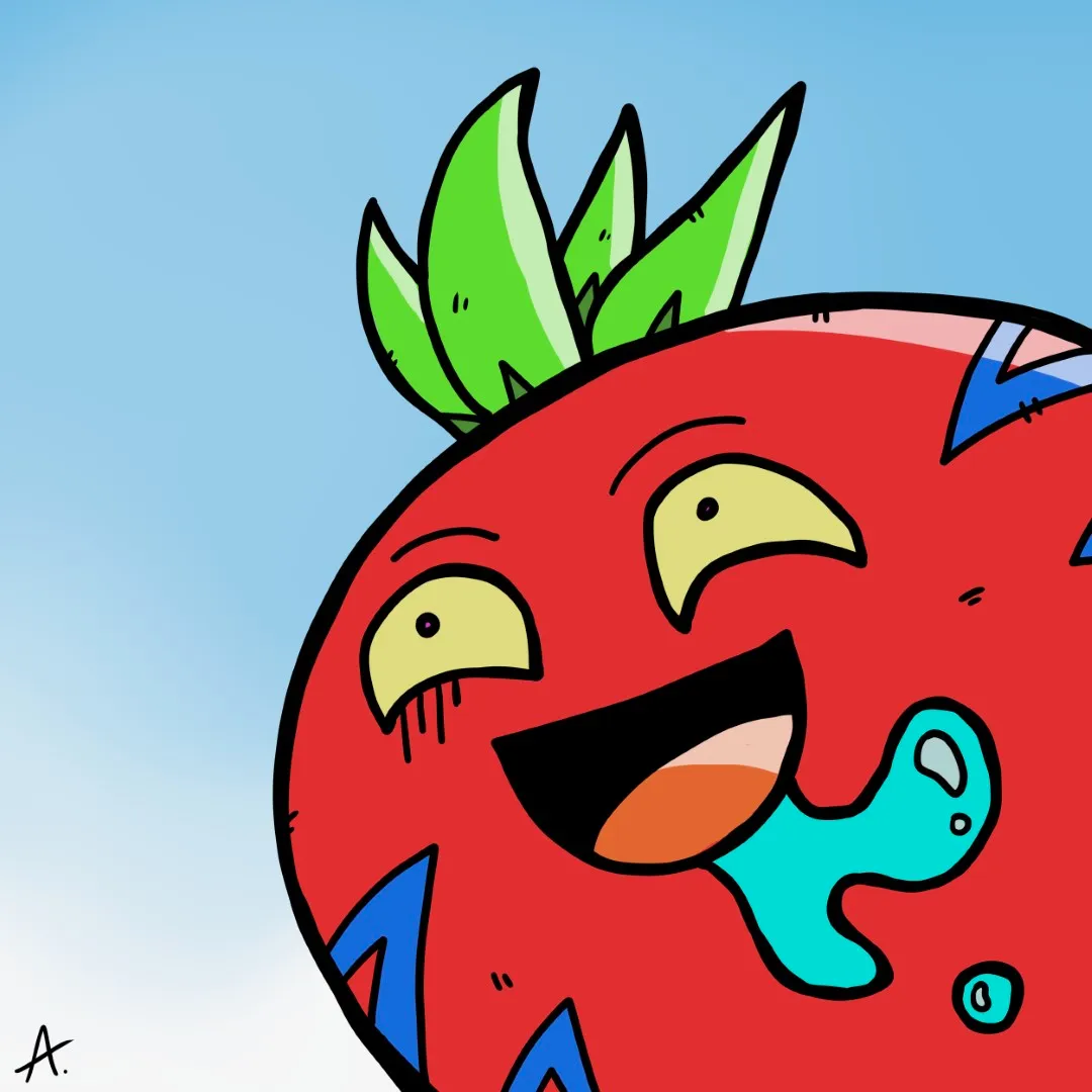 Cartoon illustration of a hopeful tomato character gazing upward with an optimistic bright smile