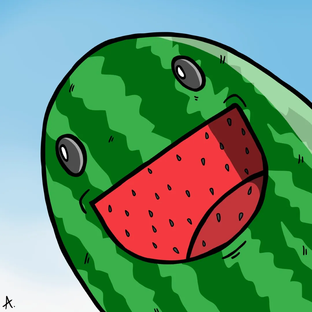Cartoon illustration of a cheerful watermelon character beaming with a big joyful smile