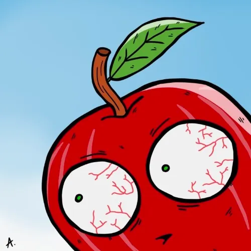 Cartoon illustration of a disturbed apple character looking unsettled with a troubled anxious gaze