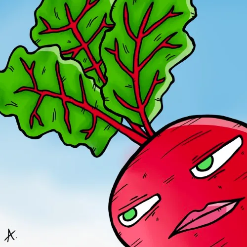 Cartoon illustration of an upset beetroot character with a frustrated teary-eyed expression