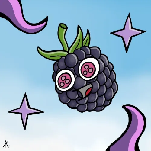 Cartoon illustration of a wonder-struck blackberry character gazing upward with wide amazed eyes
