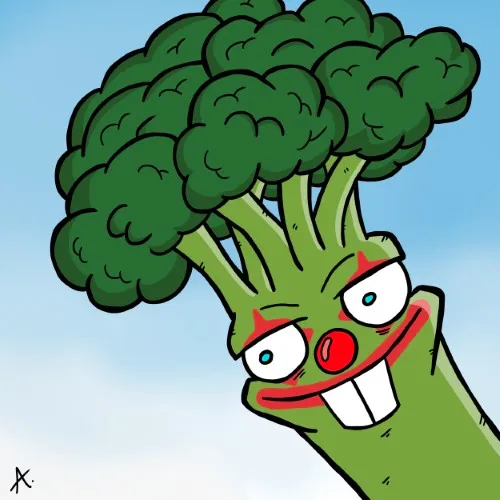 Cartoon illustration of a hilarious broccoli character laughing uncontrollably with tears of joy