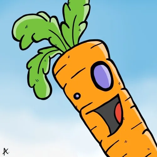 Cartoon illustration of a happy carrot character grinning with rosy cheeks and sparkling bright eyes