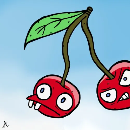 Cartoon illustration of two conflicting cherry characters showing opposing emotions side by side