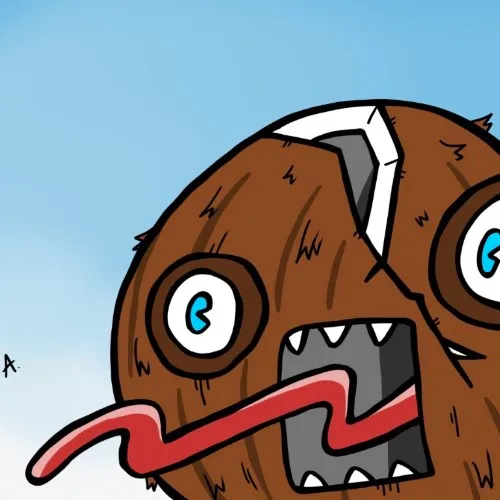 Cartoon illustration of a screaming coconut character yelling with a wide open mouth in panic