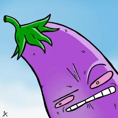 Cartoon illustration of a disgusted eggplant character with a revolted grimace and squinted eyes