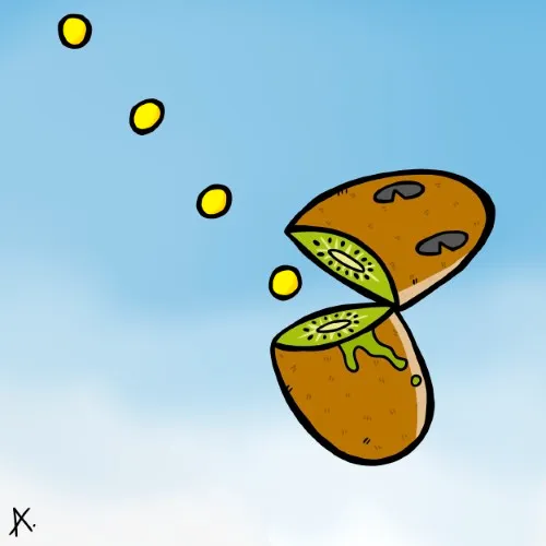 Cartoon illustration of a hungry kiwi character eagerly eyeing food with a wide open mouth