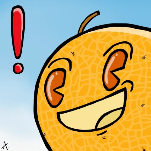 Cartoon illustration of a grateful melon character with a warm thankful smile and kind eyes