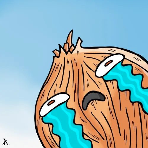 Cartoon illustration of a crying onion character with tears streaming down its face