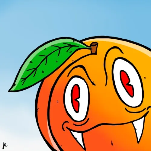 Cartoon illustration of an evil peach character with a sinister grin and shadowy dark expression