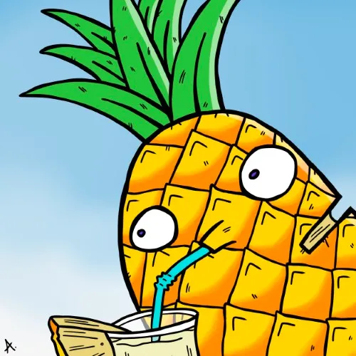 Cartoon illustration of a tipsy pineapple character holding a cocktail with rosy flushed cheeks