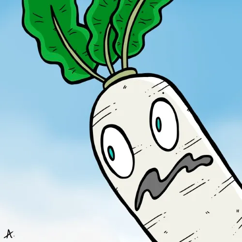 Cartoon illustration of a panicking radish character with wide frightened eyes and flailing arms
