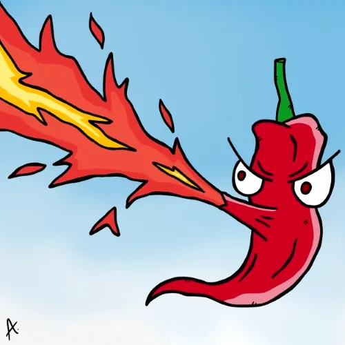 Cartoon illustration of a fiery red chilli character blazing with intense flames and fierce eyes