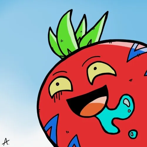 Cartoon illustration of a hopeful tomato character gazing upward with an optimistic bright smile