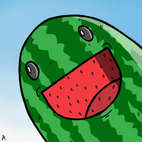 Cartoon illustration of a cheerful watermelon character beaming with a big joyful smile