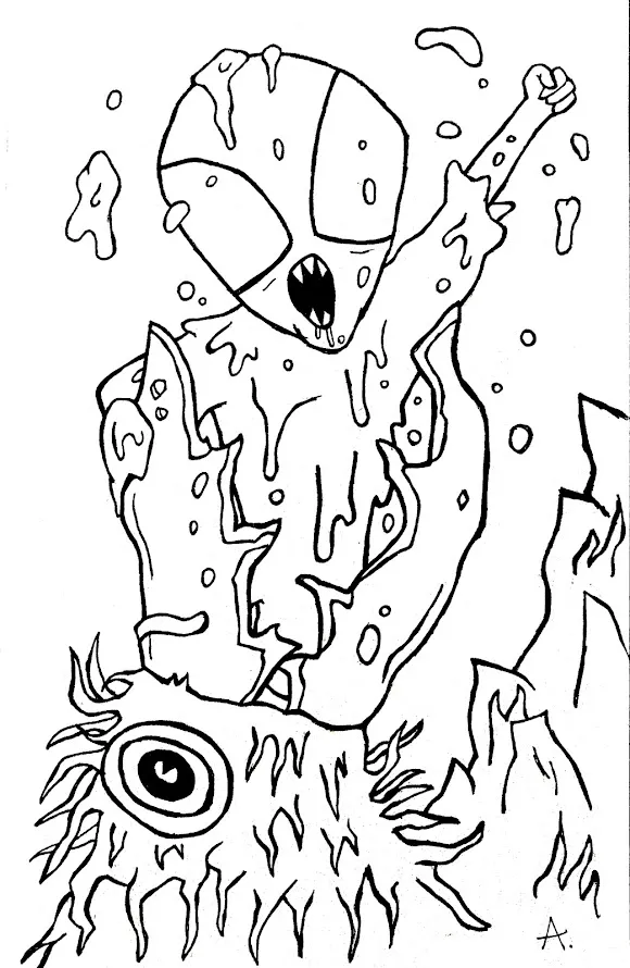 Ink drawing showing the bizarre and humorous process of how aliens are born