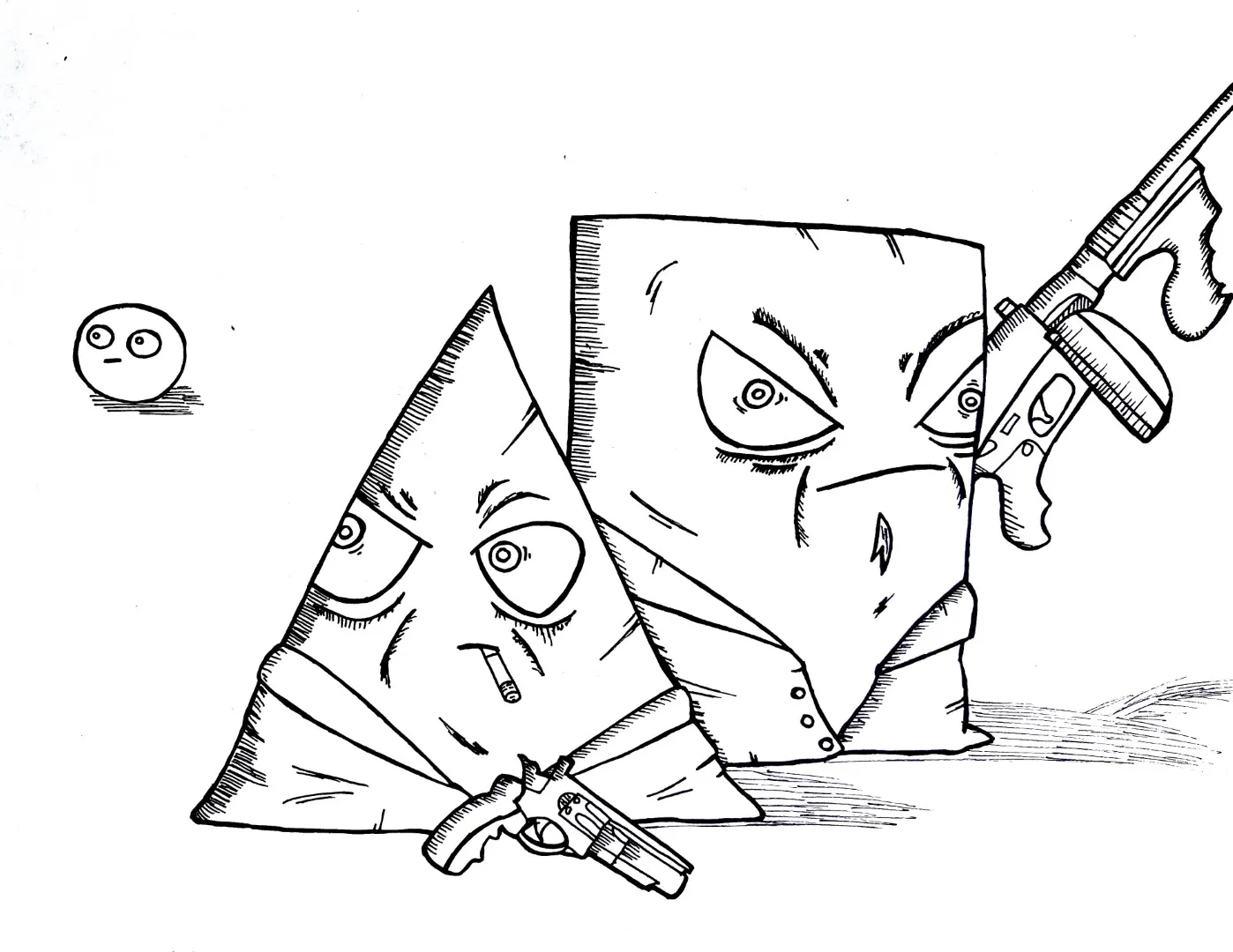 Ink drawing of a sharp angular geometric cartoon character made entirely of pointed shapes