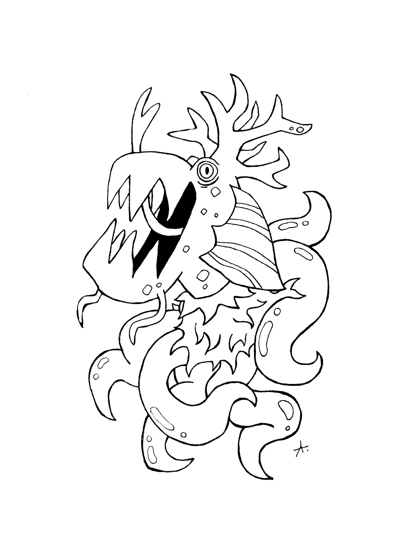 Ink drawing of cartoon characters diving into underwater aquatic adventures and exploration