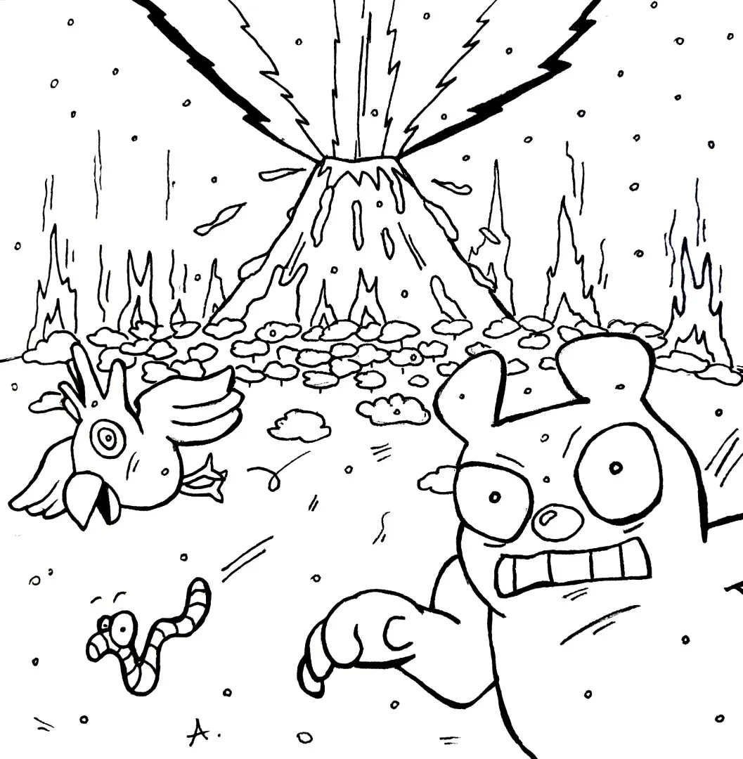 Ink drawing of a somber cartoon character surrounded by falling ash and glowing embers