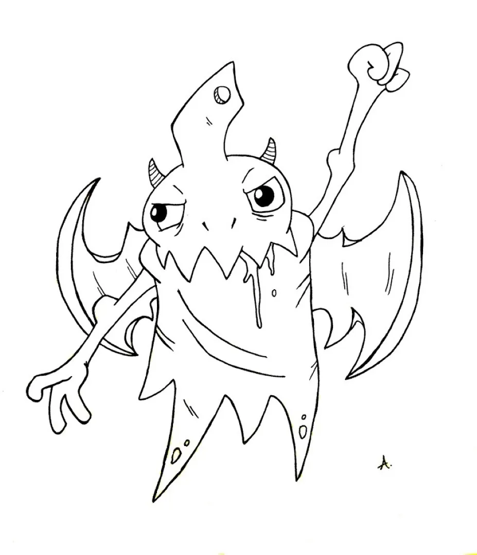 Ink drawing of spooky Halloween-themed cartoon characters with pumpkins and costumes