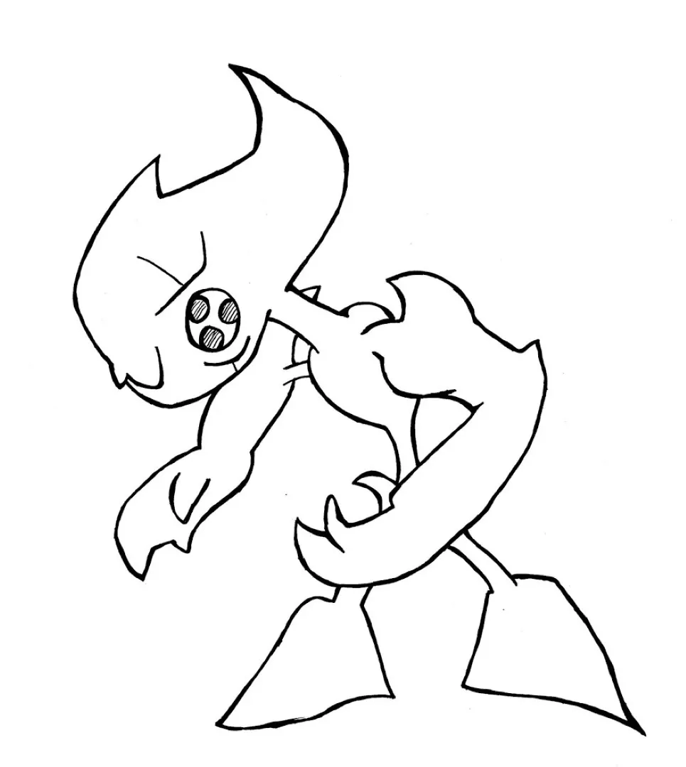Ink drawing of a mischievous cartoon devil character with horns, tail, and pitchfork